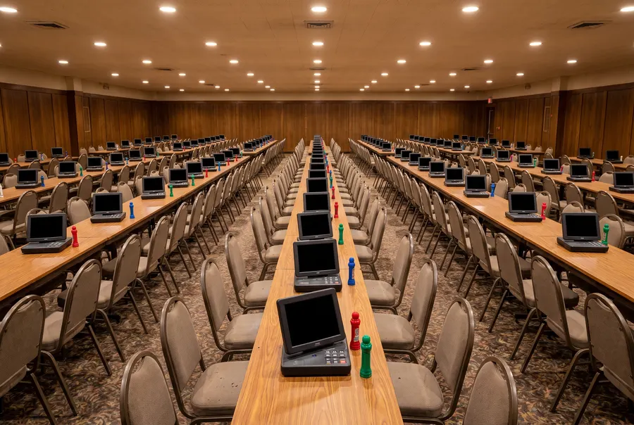 Generated illustration: an empty bingo hall with long rows of tables, small dark electronic terminals and upright ink daubers under warm ceiling lights; not a photograph of the casino.
