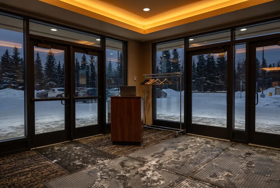 Generated illustration: a casino entrance vestibule on a winter evening, with glass doors onto a snowy parking lot, a small security podium and snow-melt mats; not a photograph of the casino.