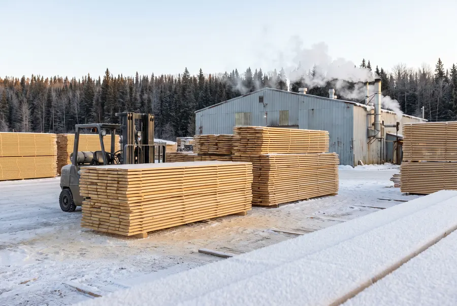 Generated illustration: stacks of fresh-cut pale spruce boards in a snowy sawmill yard at sunrise, a forklift and a steaming mill building behind; not a specific mill.