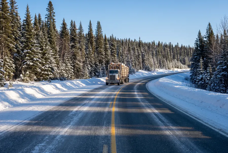 Generated illustration: a ploughed two-lane highway curving through snow-covered spruce forest with a loaded logging truck approaching; not a specific road.