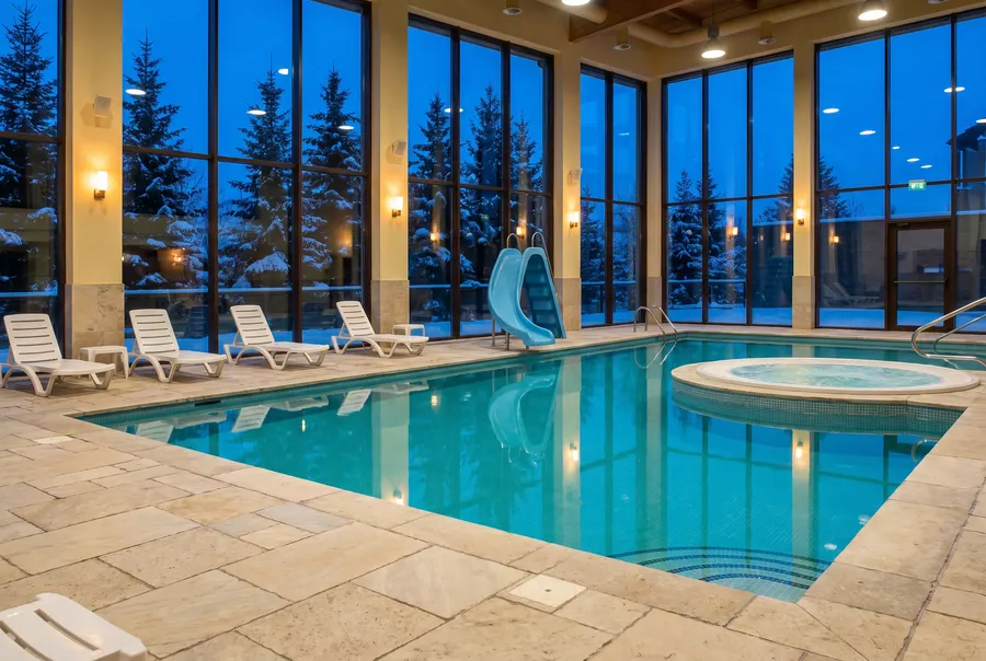 Generated illustration: an empty hotel indoor pool with a small blue waterslide and a round hot tub, tall windows onto snowy spruce at dusk; not a photograph of the hotel.